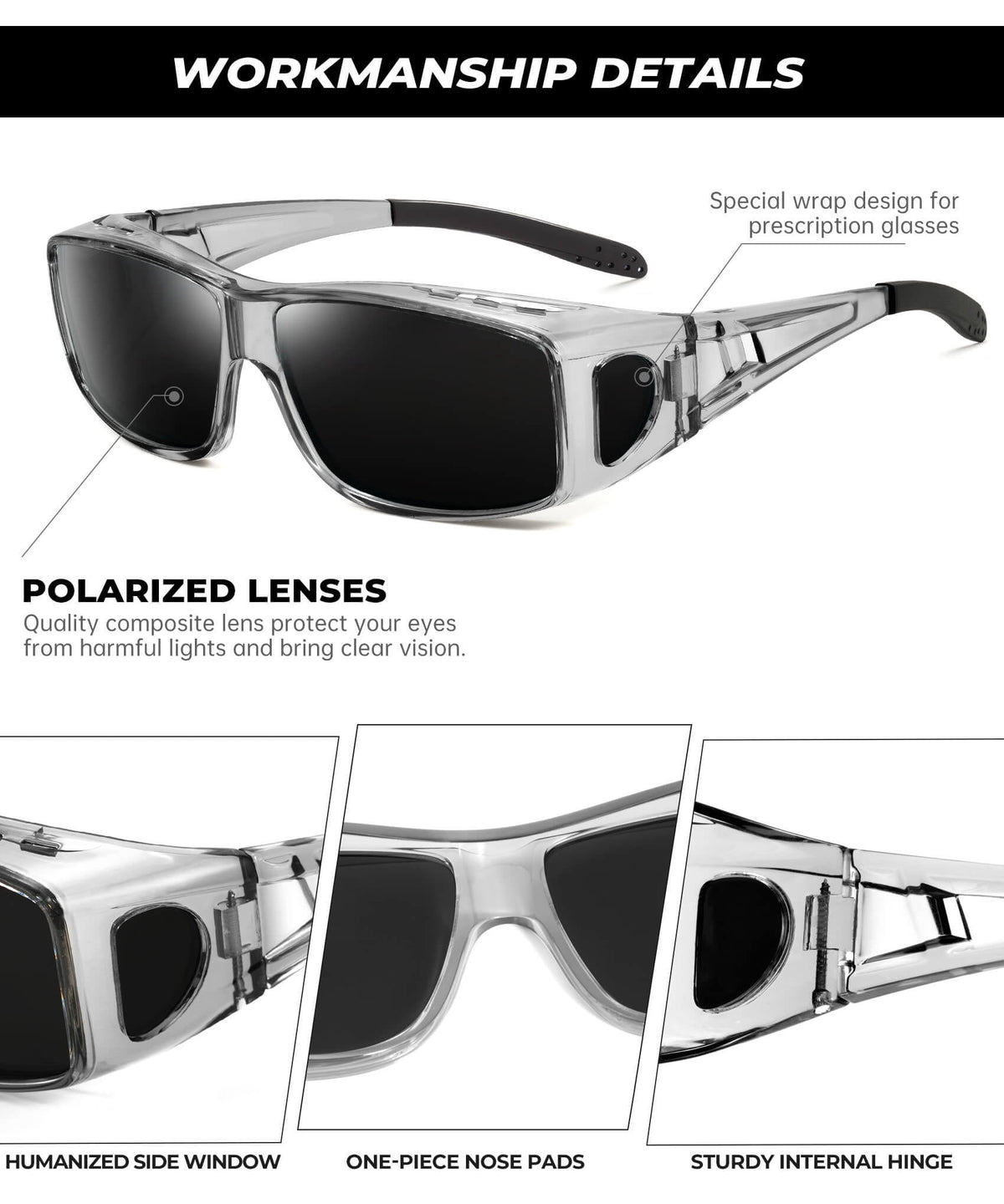 KALIYADI Fit Over Wrap Sunglasses Polarized Sun Glasses:Wrap Around Eyeglasses for Men and Women with UV Protection for Driving WMS105-1-3-13