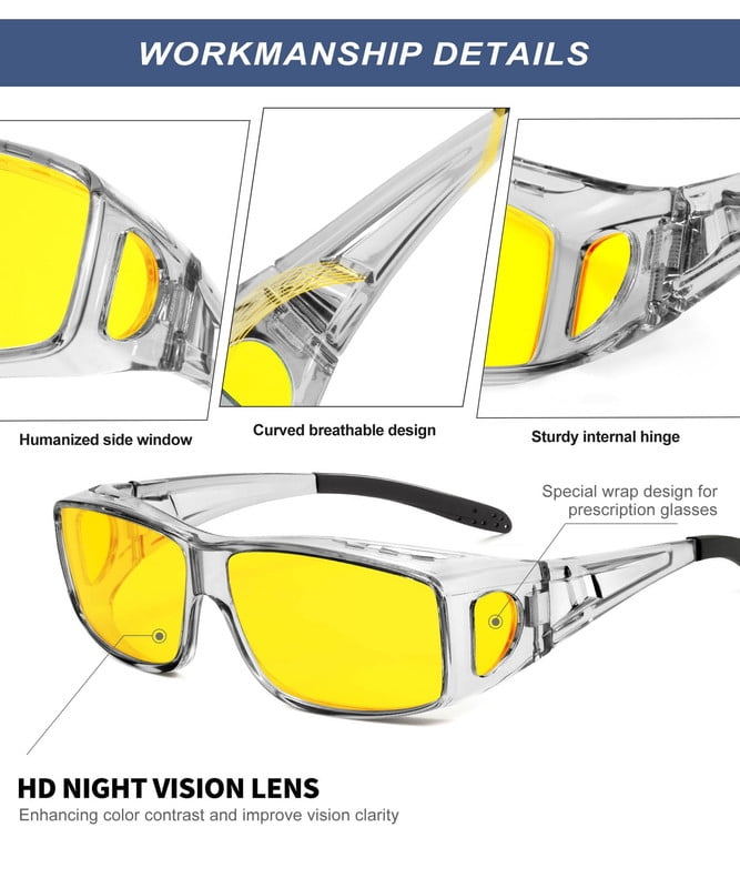 KALIYADI Night Driving Glasses for Men Women, Night Vision Glasses Fit Over Glasses Sunglasses Anti Glare HD WMKAS105-12