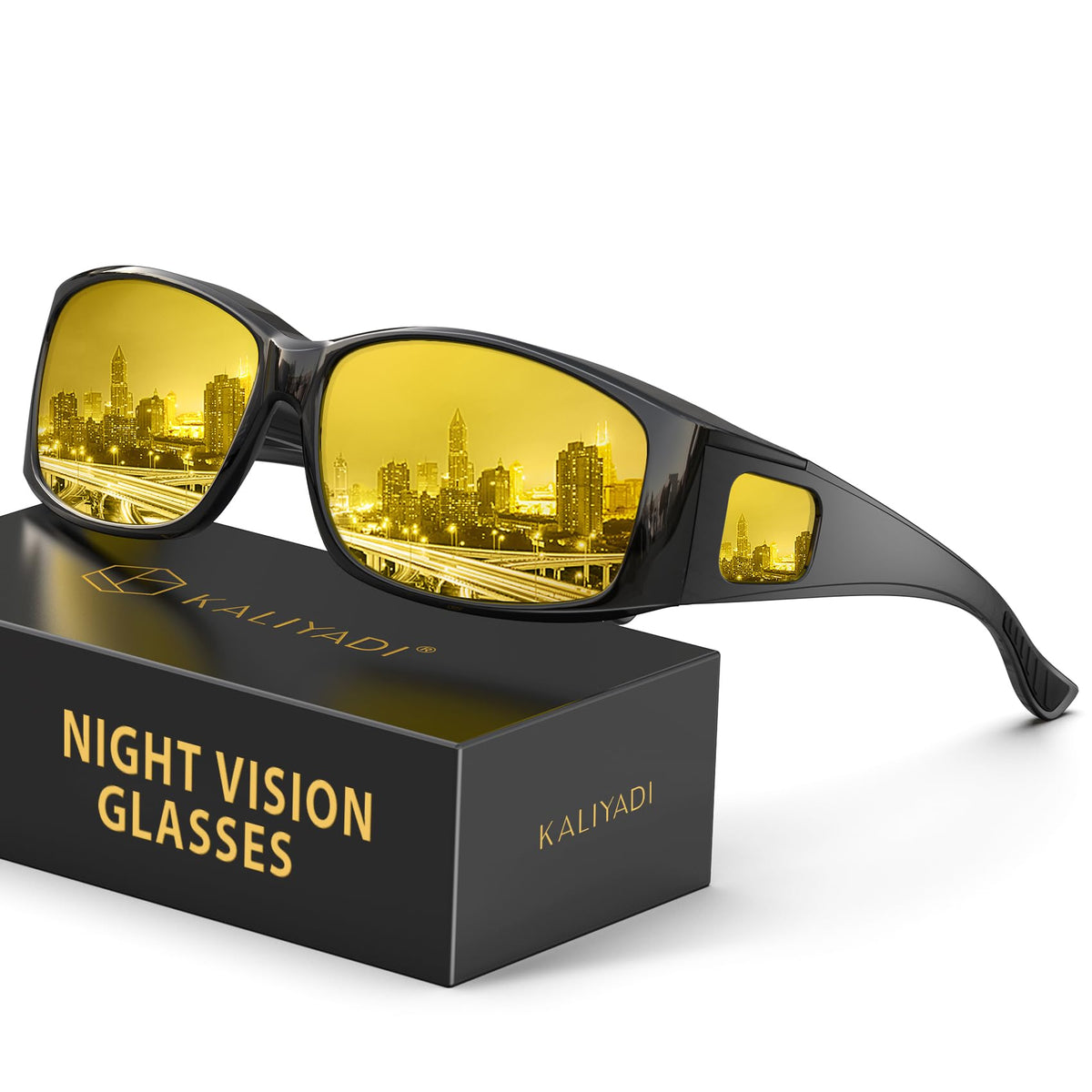 KALIYADI Fit-Over Night-Vision-Glasses for Women: Striped Anti Glare Night Driving Glasses for Men High Definition Lens(WMKA238-9)