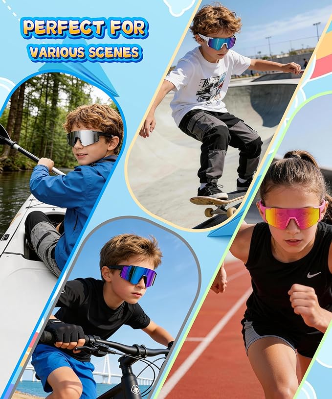 KALIYADI Kids Polarized Sunglasses Youth-Baseball-Sunglasses: Boys Girls Sport Running UV400 Protection Sun Glasses Age 6-14 S77-1-3-4
