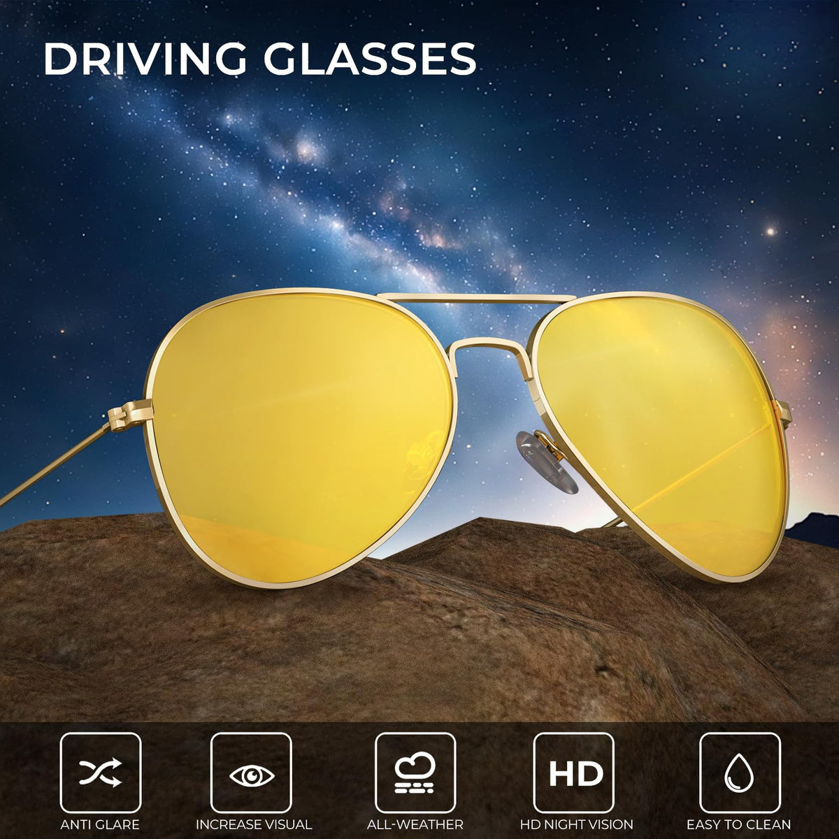KALIYADI Classic Aviator Night Vision Glasses for Men Women Driving Sun glasses Polarized Lensn WMS24-17-17