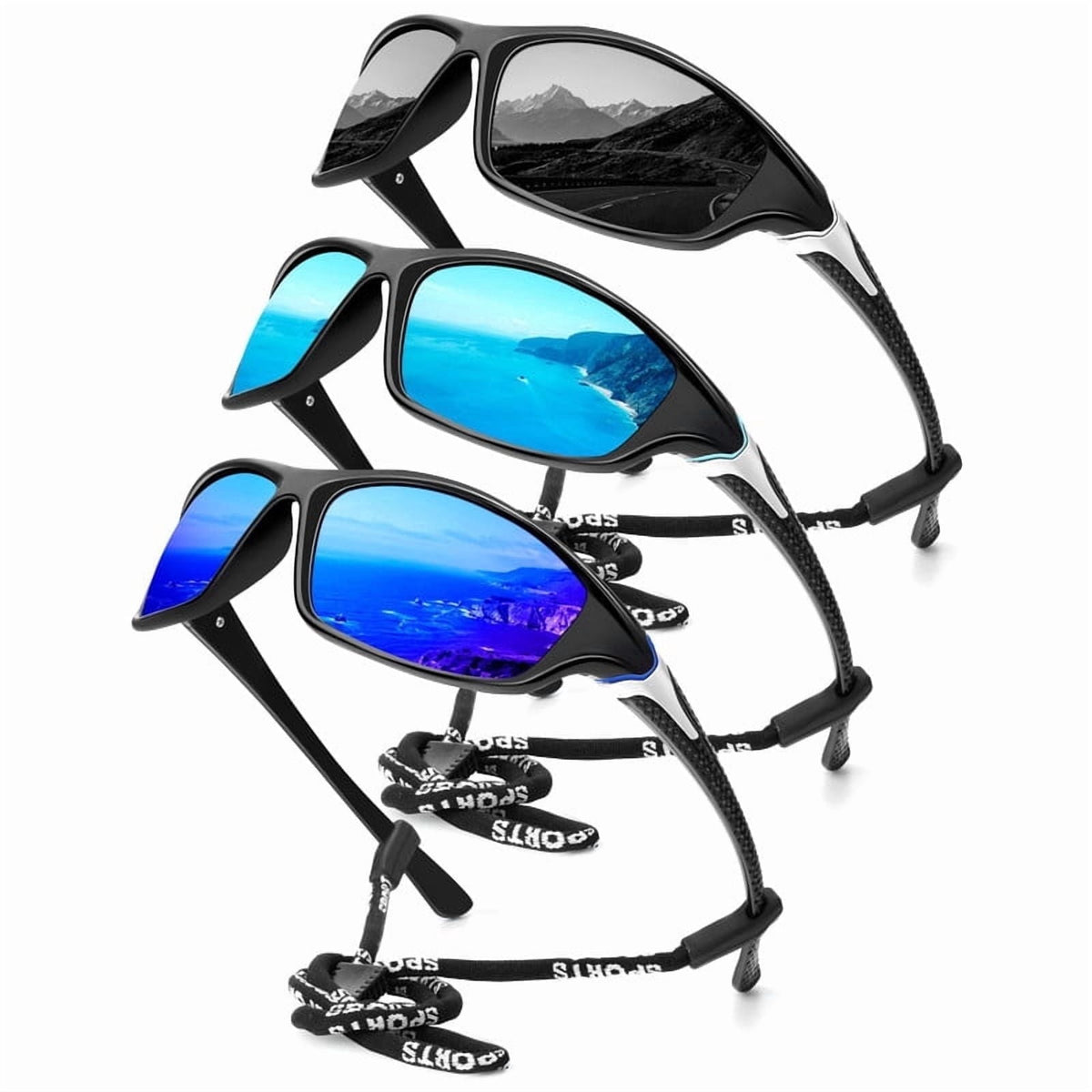 KALIYADI Polarized Sports Sunglasses for Men,Mens Sun Glasses for Driving Fishing Cycling UV400 Protection 3 Pack WMS64-3-4-6