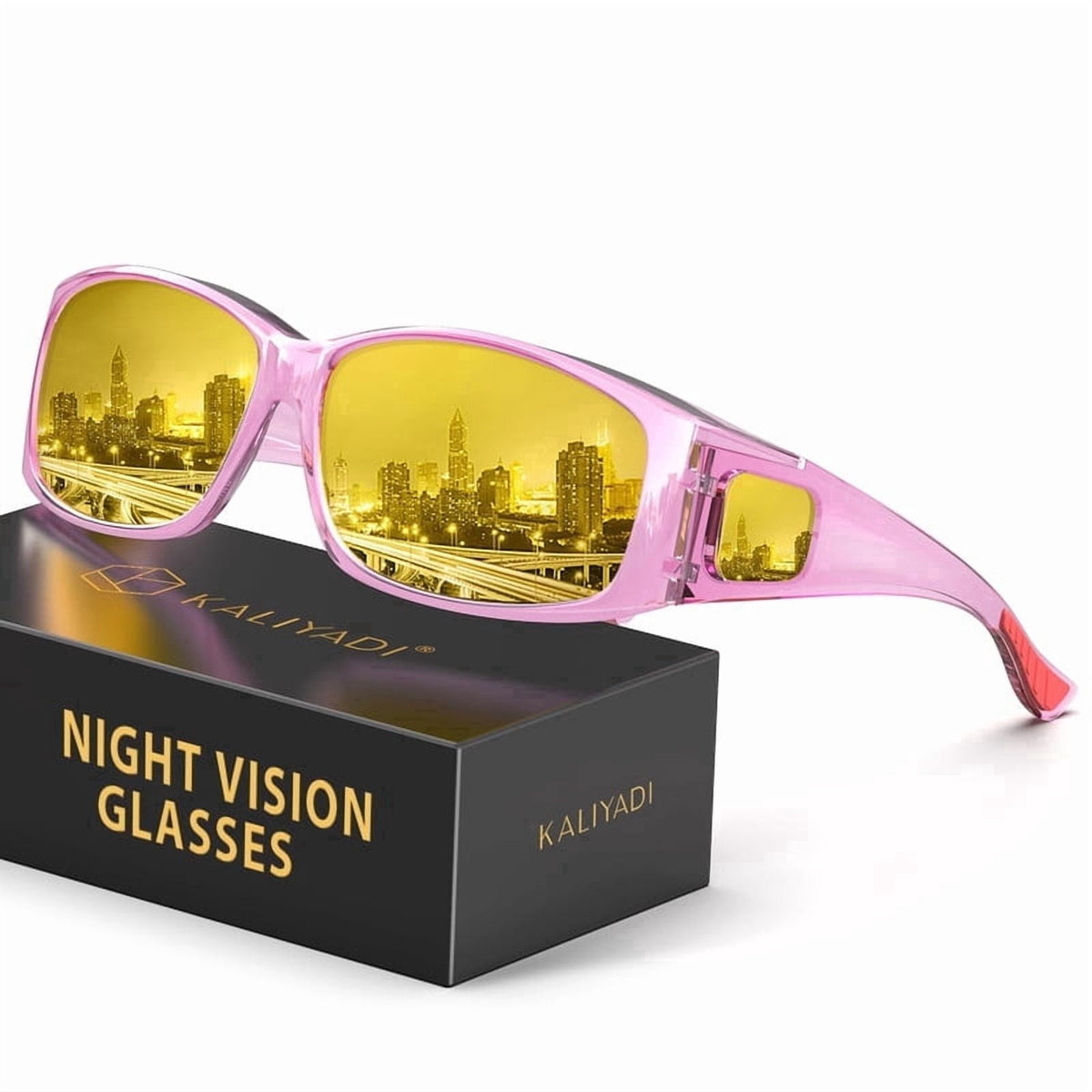 KALIYADI Fit-Over Night-Vision-Glasses for Women: Striped Anti Glare Night Driving Glasses for Men High Definition Lens WMKA238-16