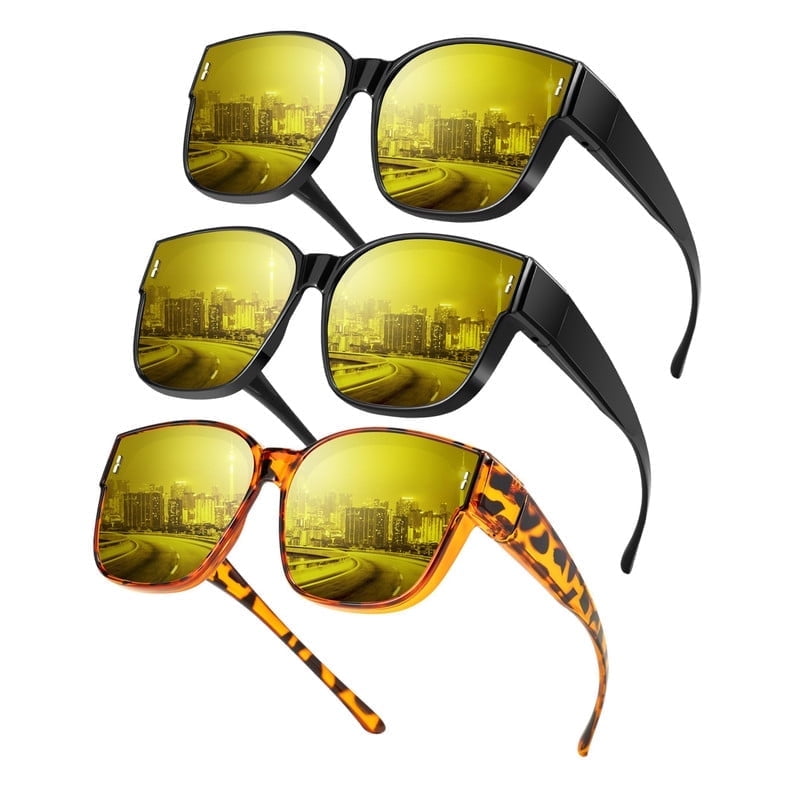 KALIYADI HD Night Vision Driving Glasses Anti Glare Polarized Safe Trendy Stylish Fit Over Glasses for Men & Women Night Driving Wrap Around Glasses(WMKAS109-8-8-9)