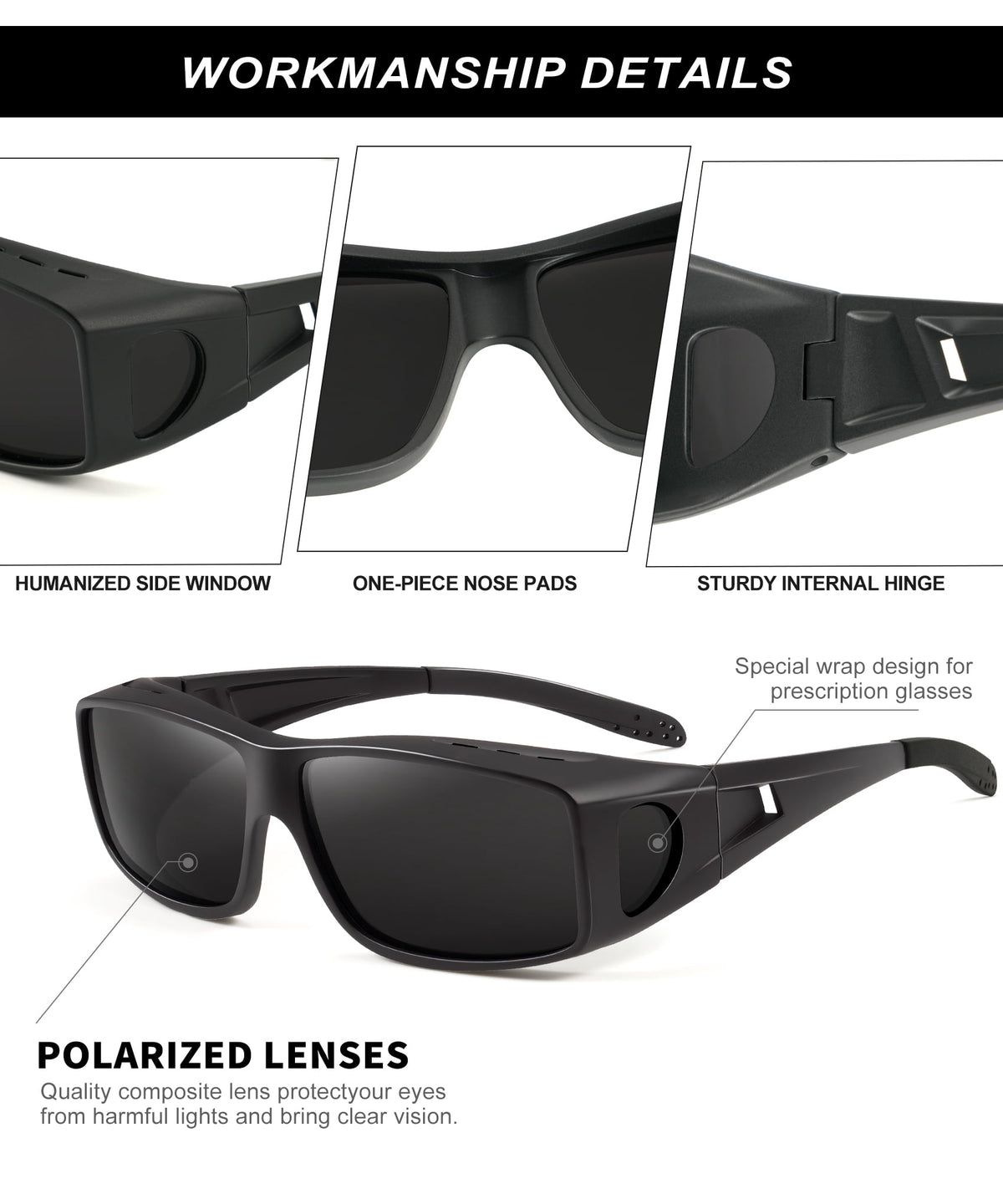 KALIYADI Fit Over Wrap Sunglasses Polarized Sun Glasses:Wrap Around Eyeglasses for Men and Women with UV Protection for Driving WMS105-1-1-1
