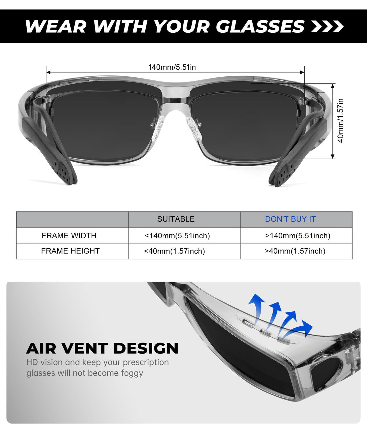 KALIYADI Fit Over Wrap Sunglasses Polarized Sun Glasses:Wrap Around Eyeglasses for Men and Women with UV Protection for Driving WMS105-1-3-13
