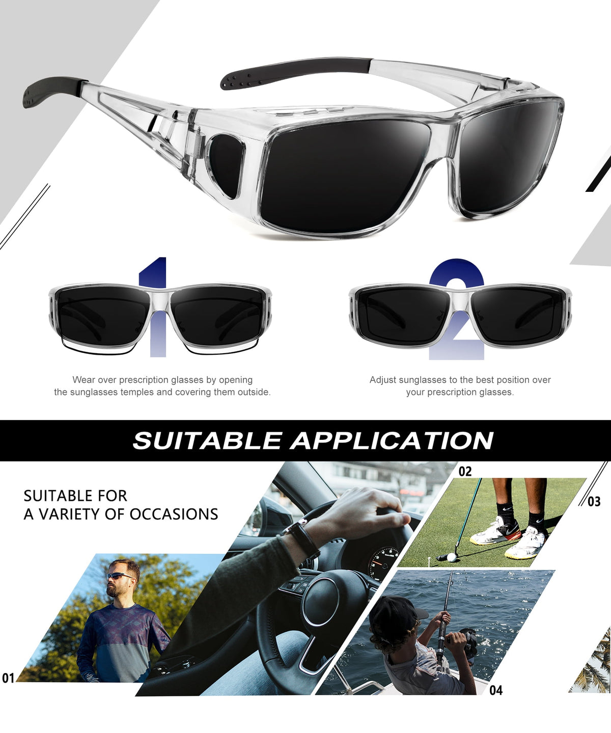 KALIYADI Fit Over Wrap Sunglasses Polarized Sun Glasses:Wrap Around Eyeglasses for Men and Women with UV Protection for Driving WMS105-1-3-4
