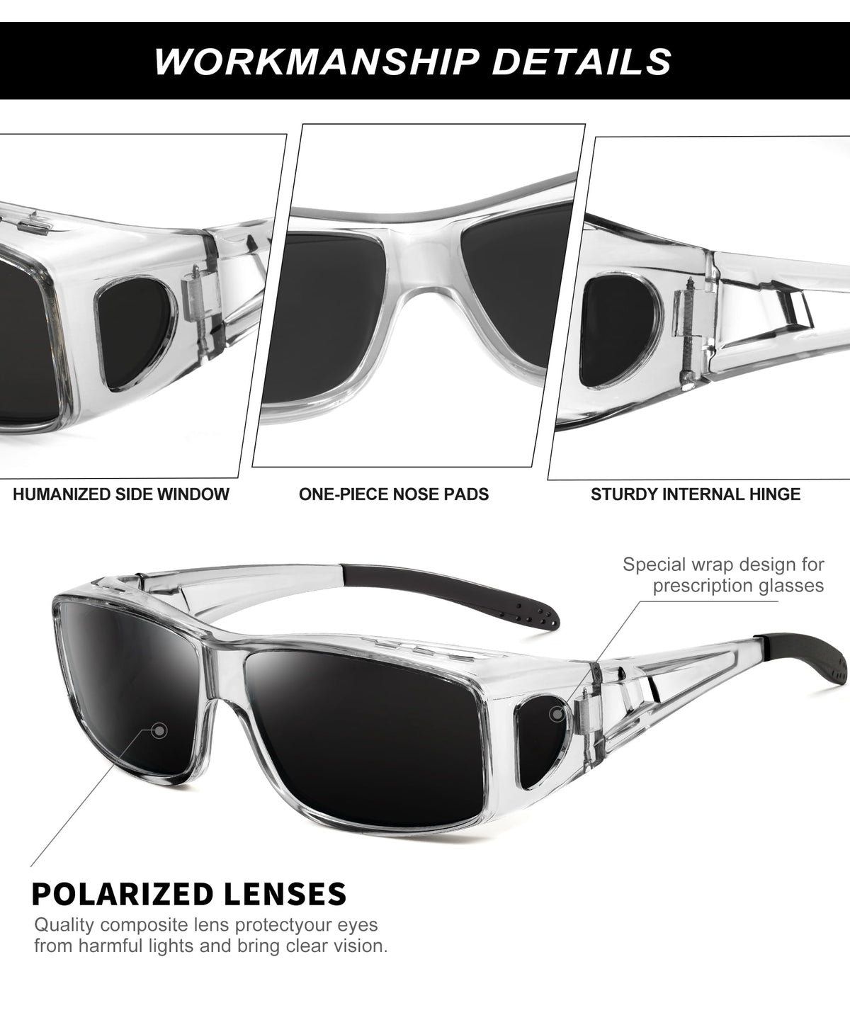 KALIYADI Fit Over Wrap Sunglasses Polarized Sun Glasses:Wrap Around Eyeglasses for Men and Women with UV Protection for Driving WMS105-1-3-4