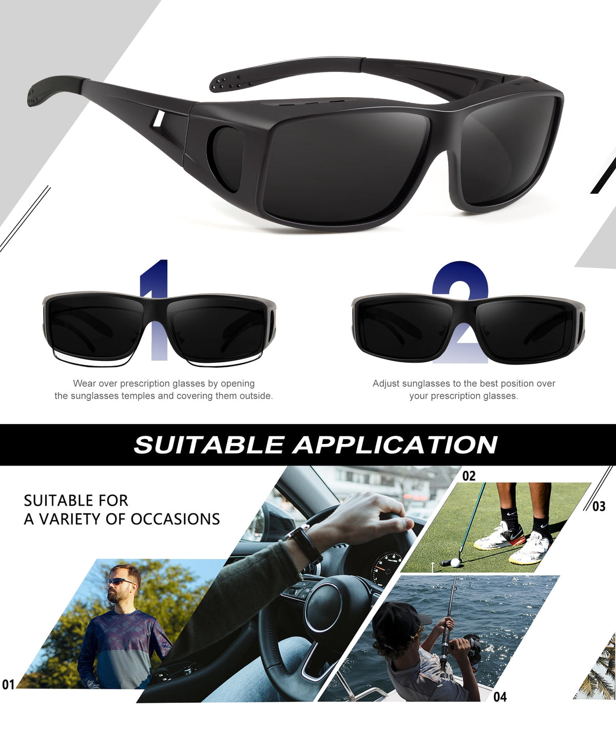 KALIYADI Fit Over Wrap Sunglasses Polarized Sun Glasses:Wrap Around Eyeglasses for Men and Women with UV Protection for Driving WMS105-1-1-1