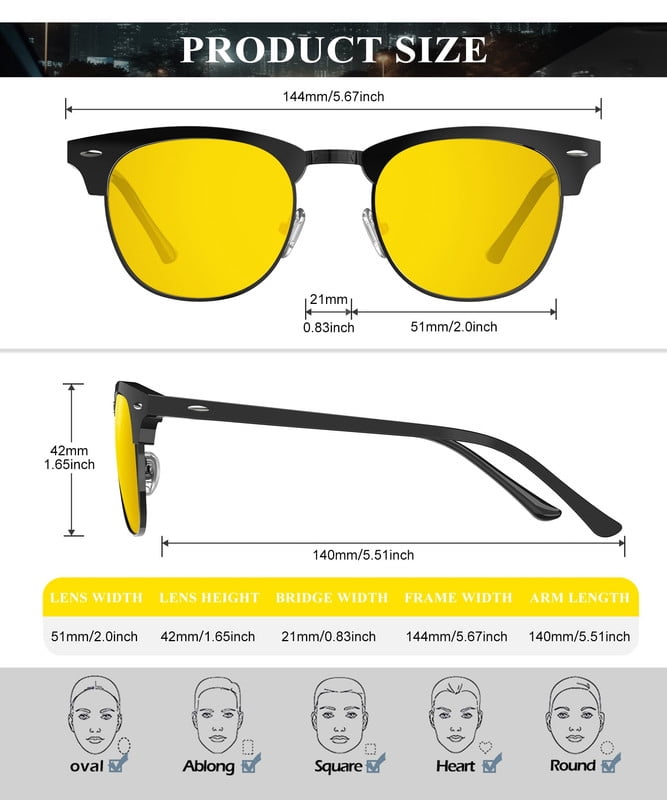 KALIYADI Night-Vision-Glasses for Men and Women Semi-Rimless Frame Anti Glare HD for Driving WMKAS22-15-S23-30