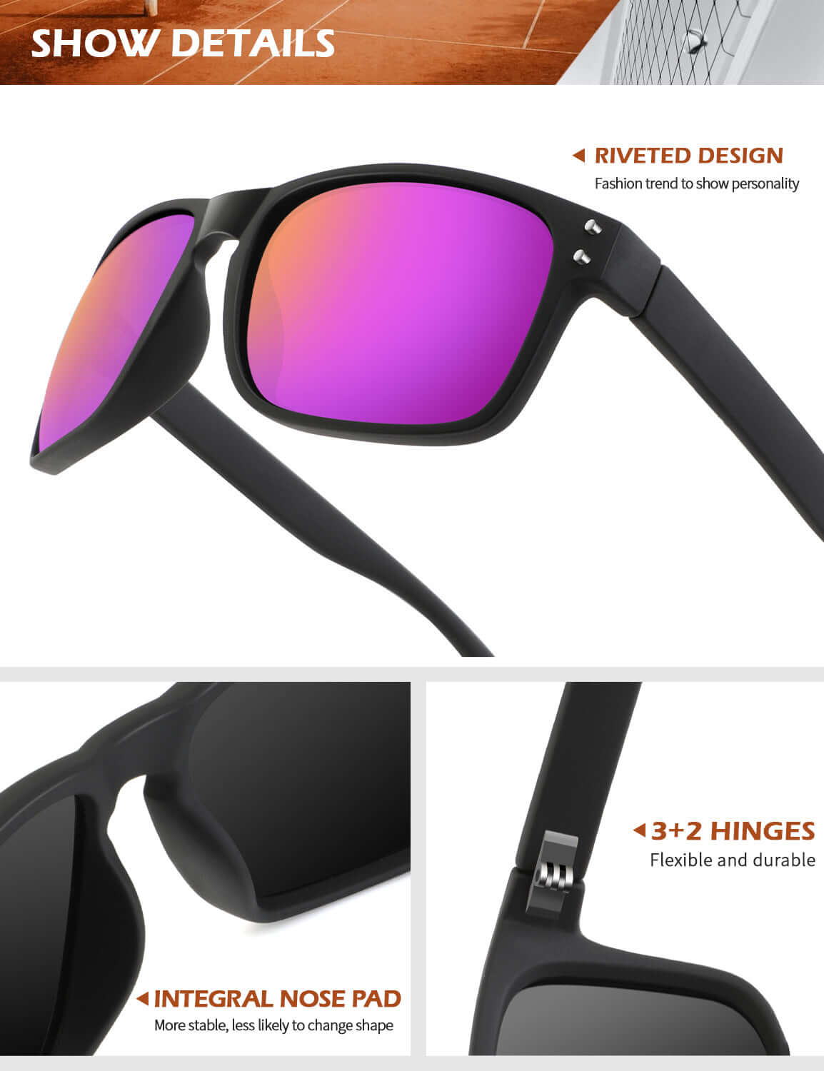 Rivets Square Sunglasses (3 Pack) S66