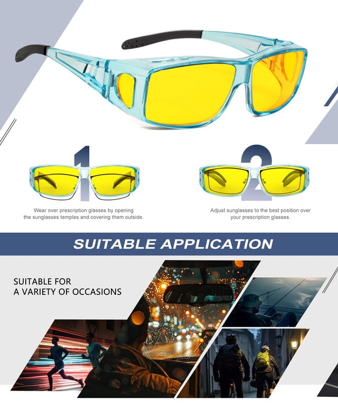 KALIYADI Night Driving Glasses for Men Women, Night Vision Glasses Fit Over Glasses Sunglasses Anti Glare HD WMKAS105-17