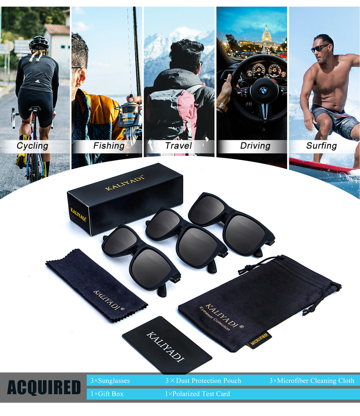 3pack Polarized Sun glasses for Mens Classic Matte Black Frame UV Protection(S65-1-1-1)