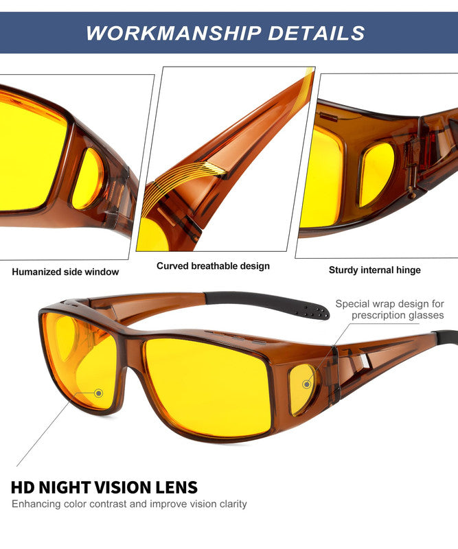 KALIYADI Night Driving Glasses for Men Women, Night Vision Glasses Fit Over Glasses Sunglasses Anti Glare HD WMKAS105-18