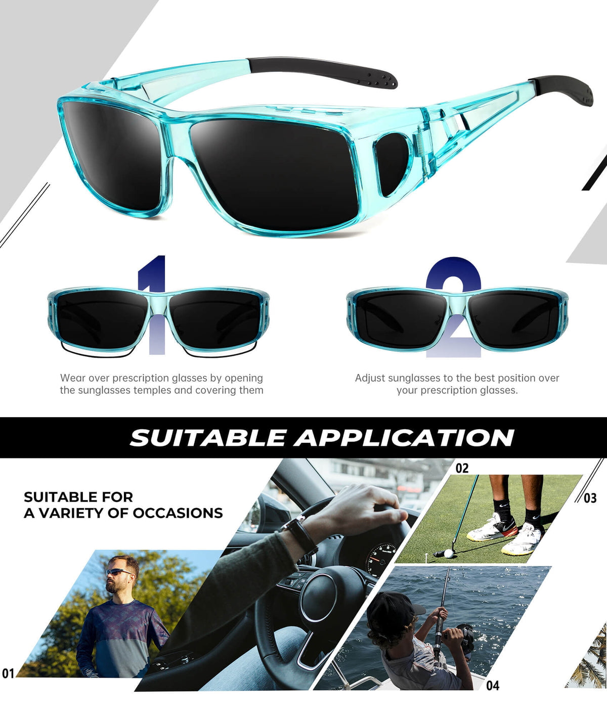 KALIYADI Fit Over Wrap Sunglasses Polarized Sun Glasses:Wrap Around Eyeglasses for Men and Women with UV Protection for Driving WMS105-1-4-6