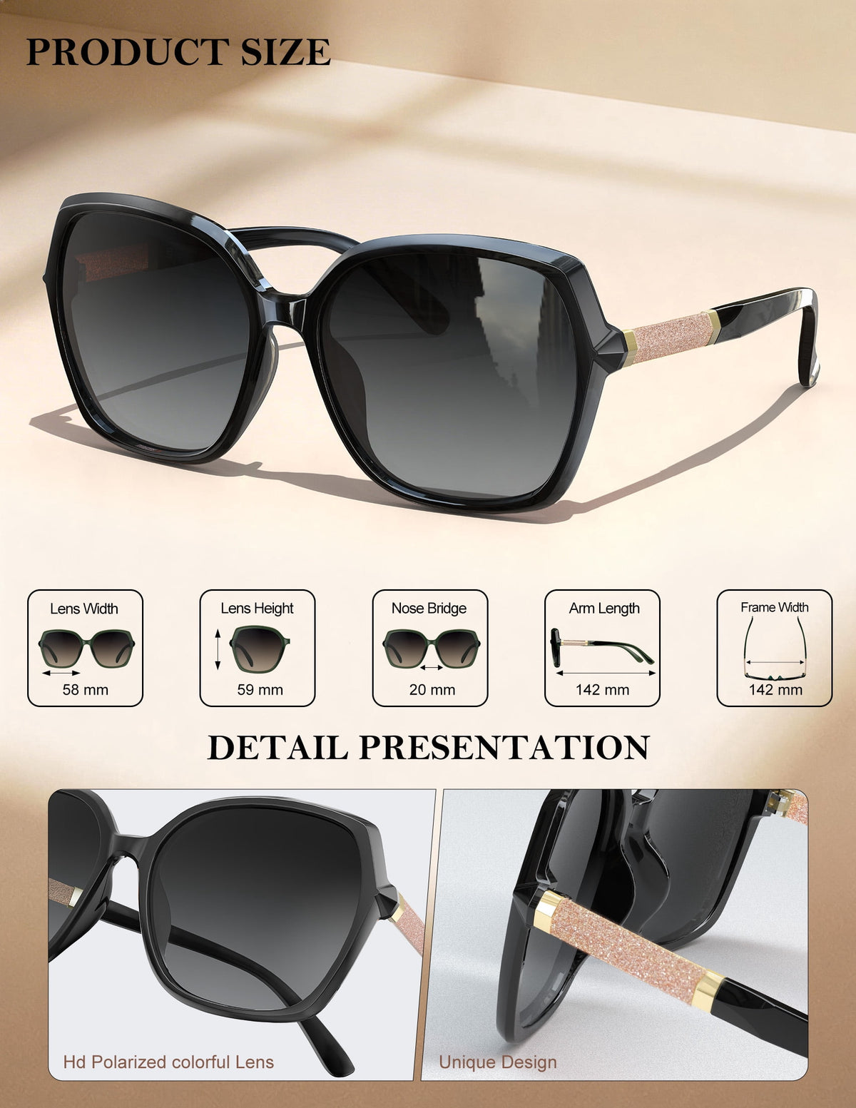KALIYADI Women's Oversized Sunglasses Retro Polarized Sun Glasses with UV Protection for Women WMKAS37-1