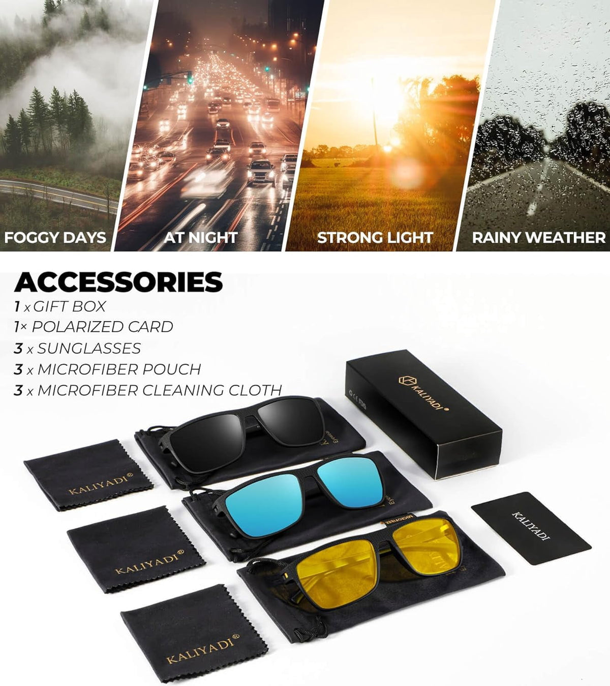 KALIYADI Night Vision Polarized Sunglasses for Men,Lightweight Sun Glasses with UV Protection for Driving Fishing Golf WMKAS45-1-3-31