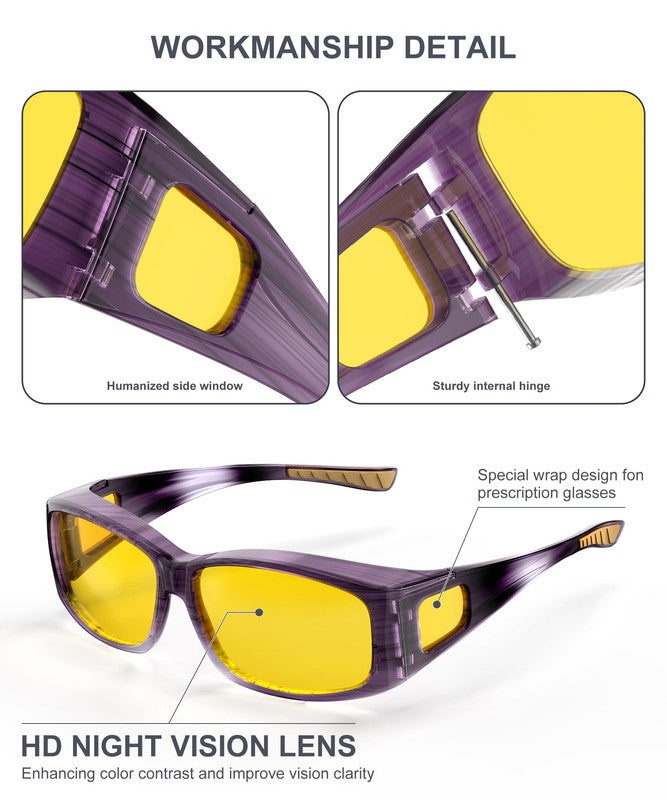 KALIYADI Fit-Over Night-Vision-Glasses for Women: Striped Anti Glare Night Driving Glasses for Men High Definition Lens WMKA238-12
