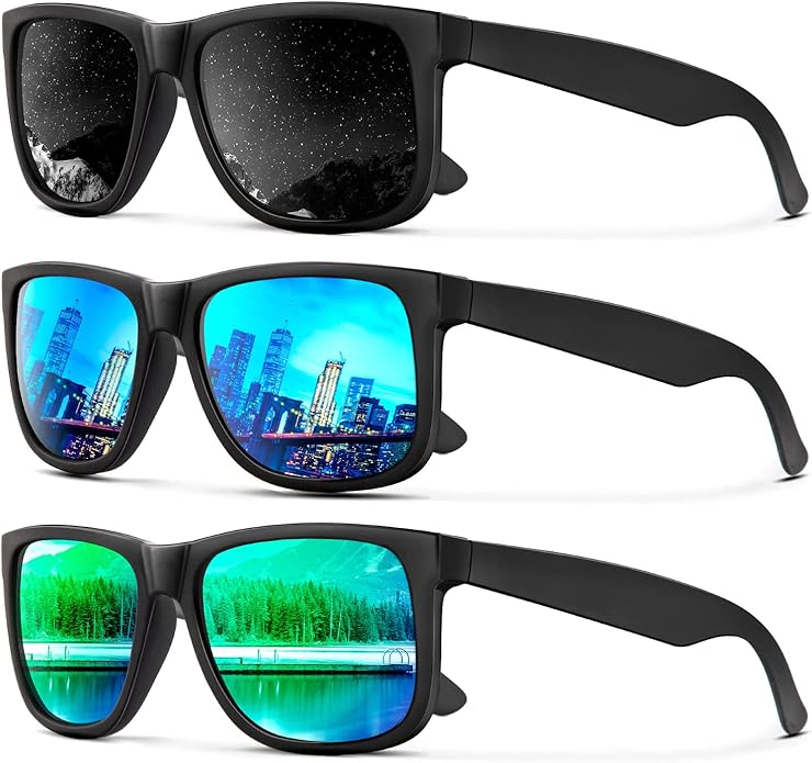 KALIYADI Sunglasses Men Polarized Sun glasses for Mens Womens Classic Matte Black Frame UV Protection 3pack S65-1-2-3