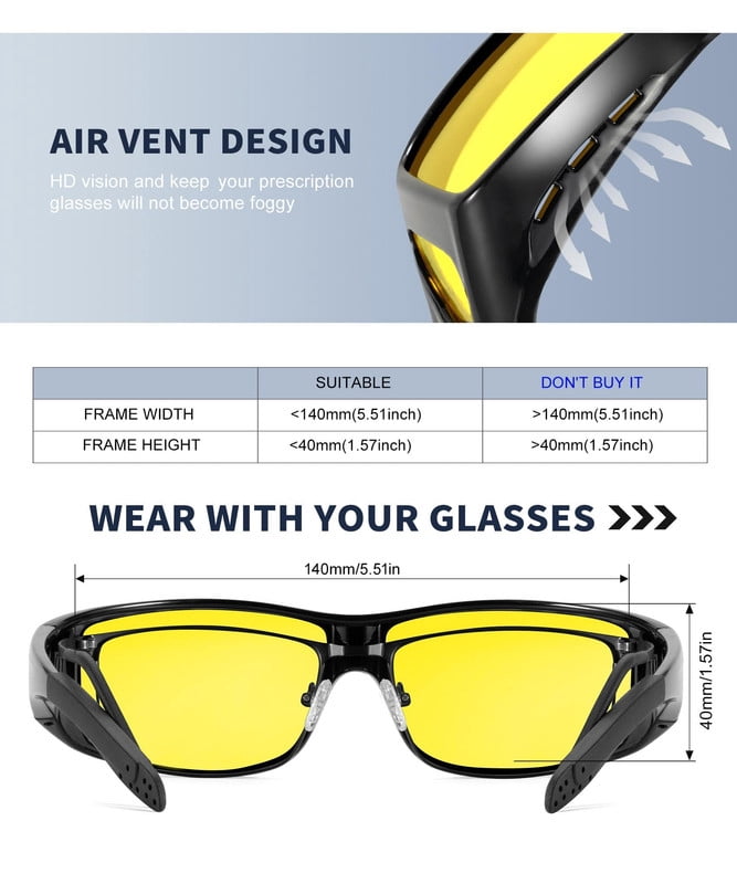 KALIYADI Night-Vision-Glasses Fit-Over-Glasses Wrap-Around Glasses: Night Vision Glasses Anti Glare HD for Driving WMKAS105-14-16-17