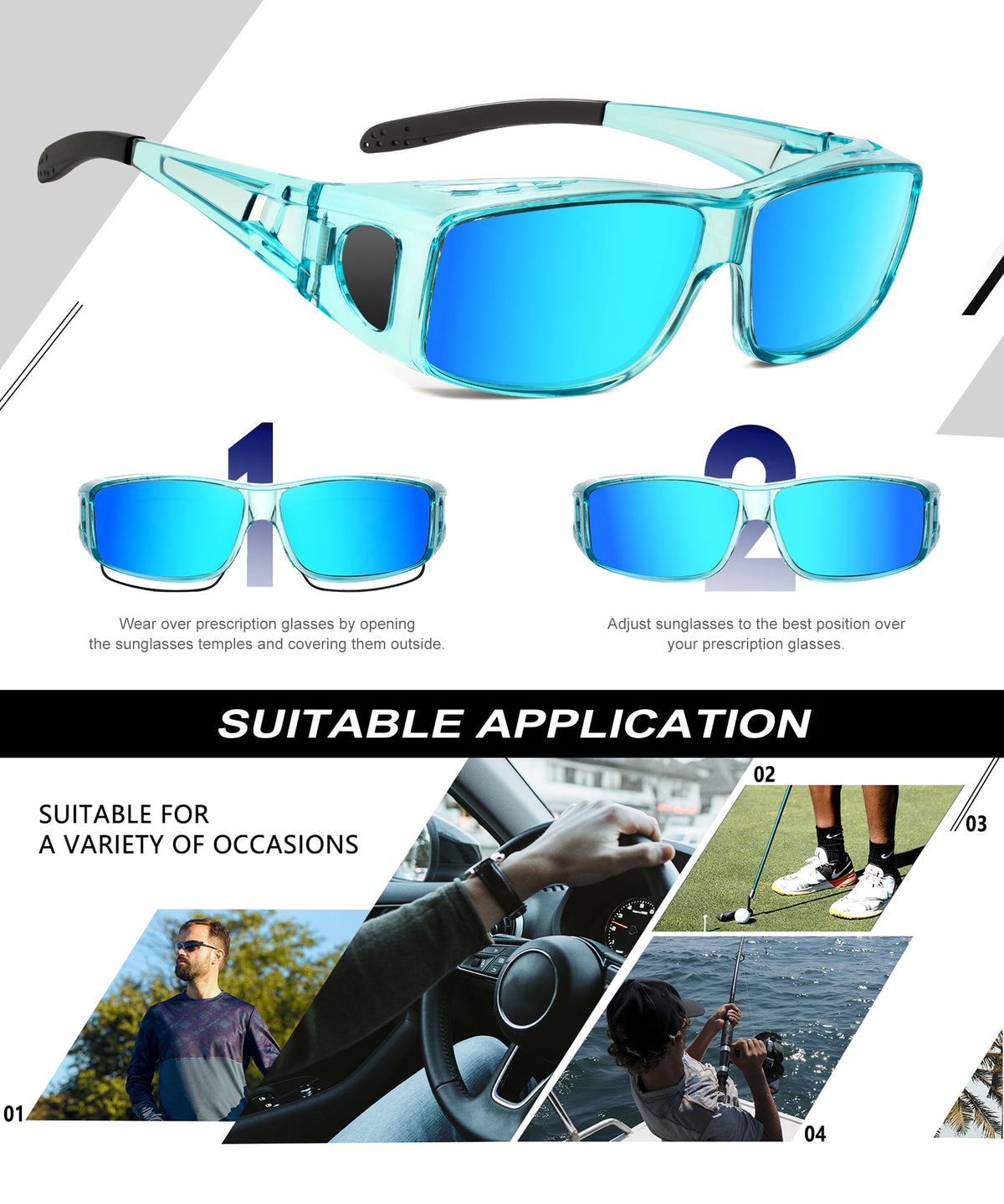 KALIYADI Fit Over Wrap Sunglasses Polarized Sun Glasses:Wrap Around Eyeglasses for Men and Women with UV Protection for Driving WMS105-1-4-5