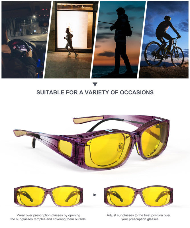 KALIYADI Fit-Over Night-Vision-Glasses for Women: Striped Anti Glare Night Driving Glasses for Men High Definition Lens WMKA238-12