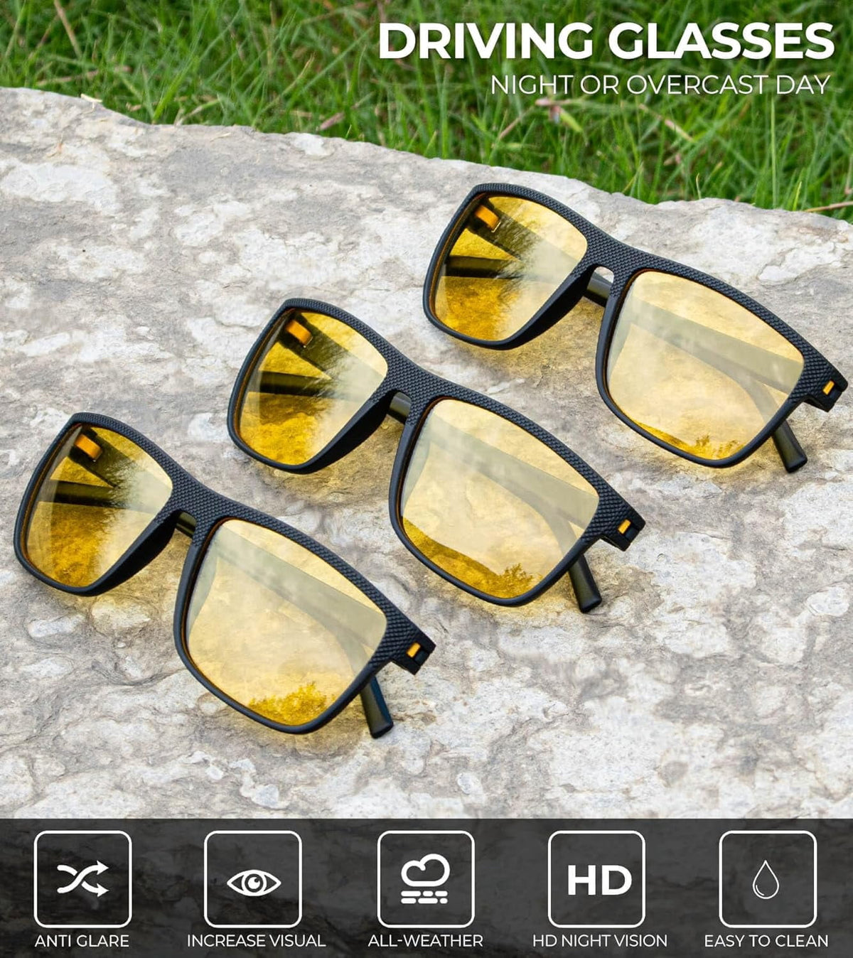 KALIYADI Retro Square Night Vision Glasses for Men Women, Night Driving Glasses UV400 Protection WMKAS45-31-31-31