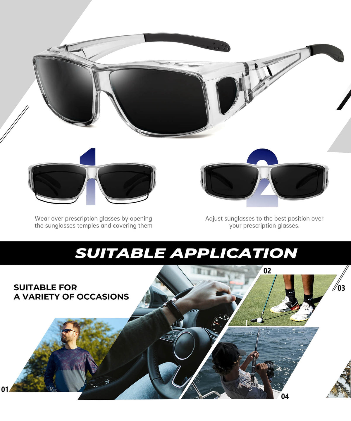 KALIYADI Fit Over Wrap Sunglasses Polarized Sun Glasses:Wrap Around Eyeglasses for Men and Women with UV Protection for Driving WMS105-1-3-13