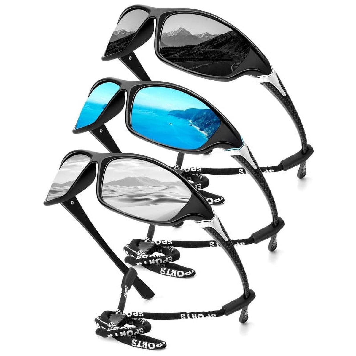 KALIYADI Polarized Sports Sunglasses for Men,Mens Sun Glasses for Driving Fishing Cycling UV400 Protection 3 Pack WMS64-3-4-8
