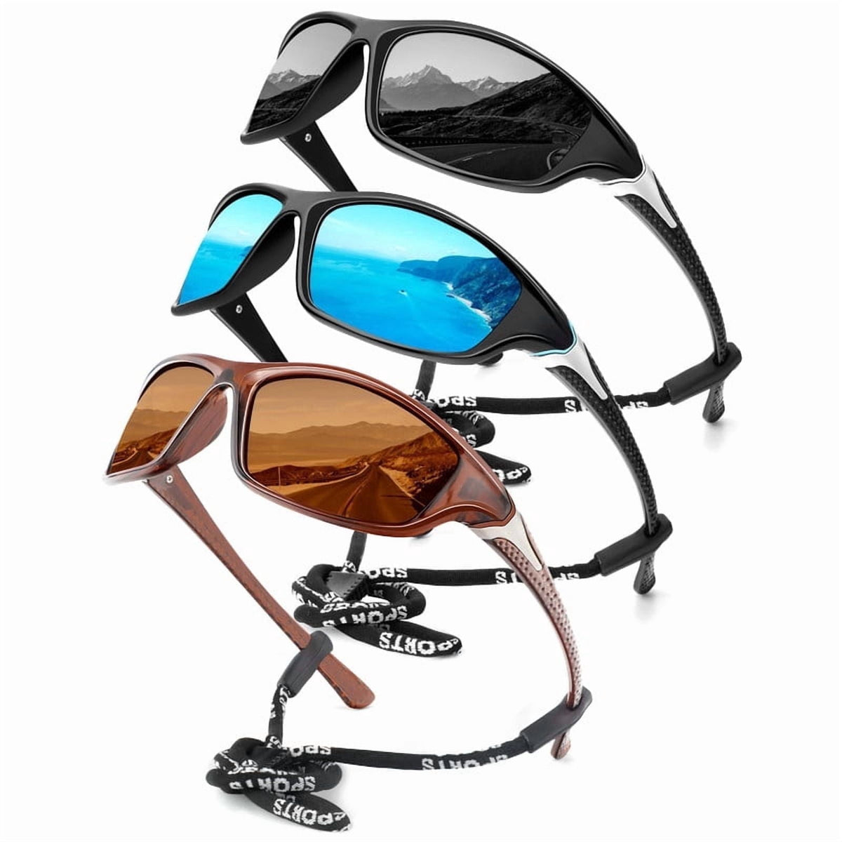 KALIYADI Polarized Sports Sunglasses for Men,Mens Sun Glasses for Driving Fishing Cycling UV400 Protection 3 Pack WMS64-3-4-9