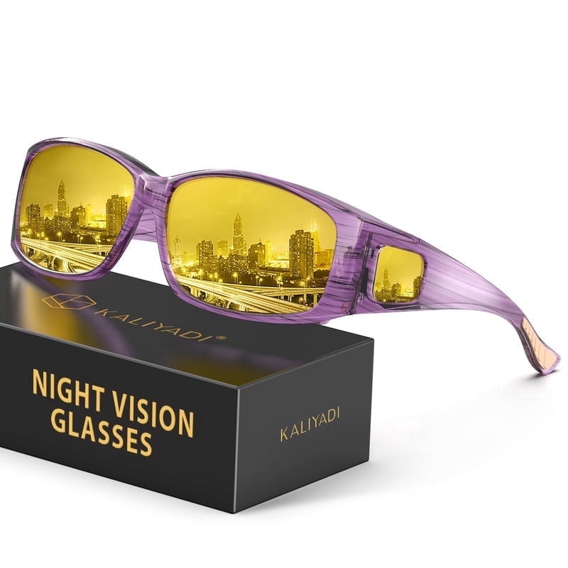 KALIYADI Fit-Over Night-Vision-Glasses for Women: Striped Anti Glare Night Driving Glasses for Men High Definition Lens WMKA238-12