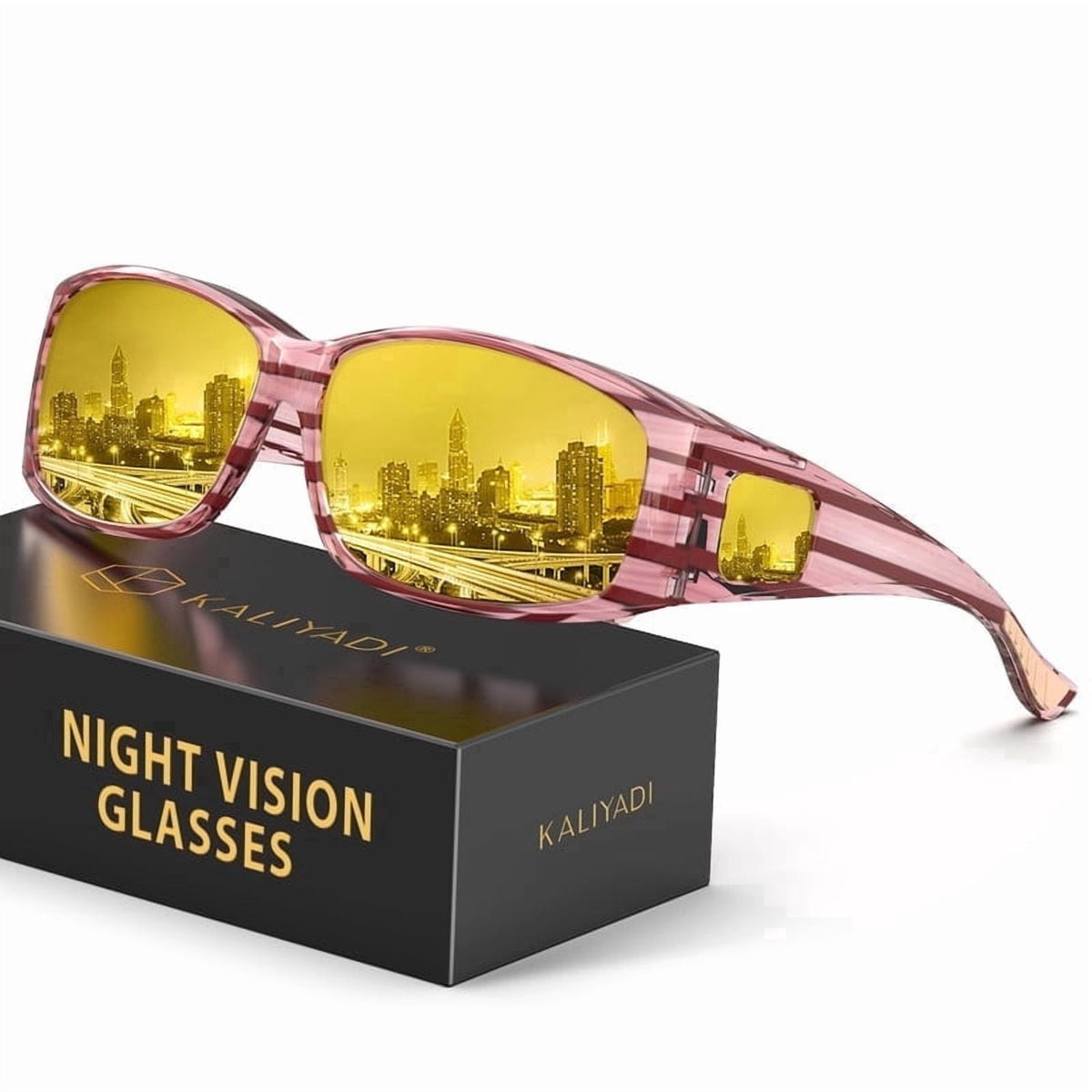 KALIYADI Fit-Over Night-Vision-Glasses for Women: Striped Anti Glare Night Driving Glasses for Men High Definition Lens WMKA238-11
