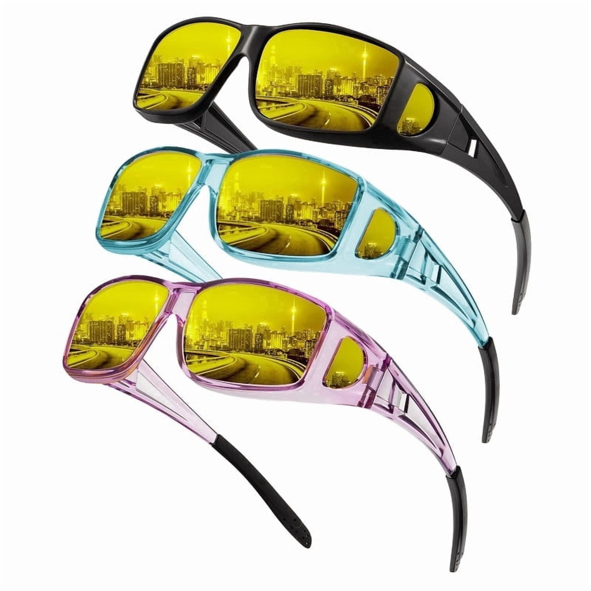 KALIYADI Night-Vision-Glasses Fit-Over-Glasses Wrap-Around Glasses: Night Vision Glasses Anti Glare HD for Driving WMKAS105-14-16-17