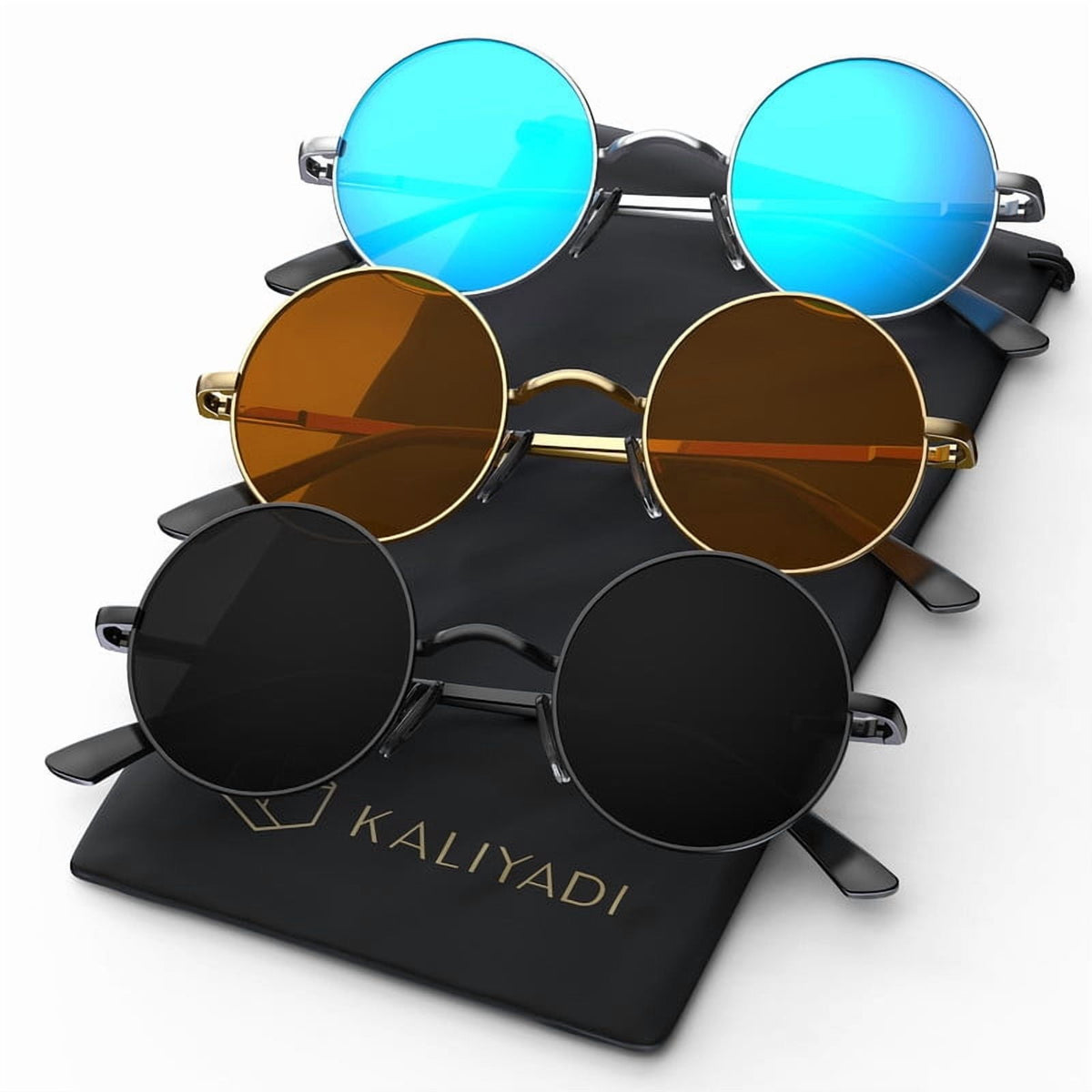 KALIYADI Polarized Round Sunglasses for Men Women Retro Metal Hippie Circle Style Sun Glasses UV400 Protection 3pack WMKAS36-1-4-6