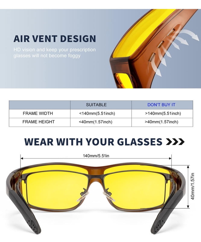 KALIYADI Night Driving Glasses for Men Women, Night Vision Glasses Fit Over Glasses Sunglasses Anti Glare HD WMKAS105-18
