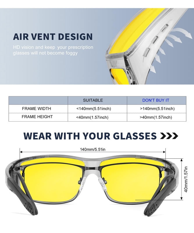 KALIYADI Night Driving Glasses for Men Women, Night Vision Glasses Fit Over Glasses Sunglasses Anti Glare HD WMKAS105-12