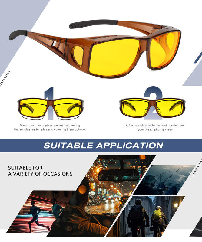 KALIYADI Night Driving Glasses for Men Women, Night Vision Glasses Fit Over Glasses Sunglasses Anti Glare HD WMKAS105-18