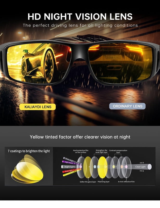 KALIYADI Night Driving Glasses for Men Women, Night Vision Glasses Fit Over Glasses Sunglasses Anti Glare HD WMKAS105-12
