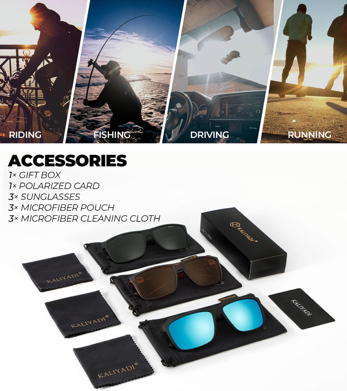KALIYADI Polarized Sunglasses for Men and Women,Classic Square Sun Glasses with UV Protection for Driving Fishing WMKAS11-1-2-4