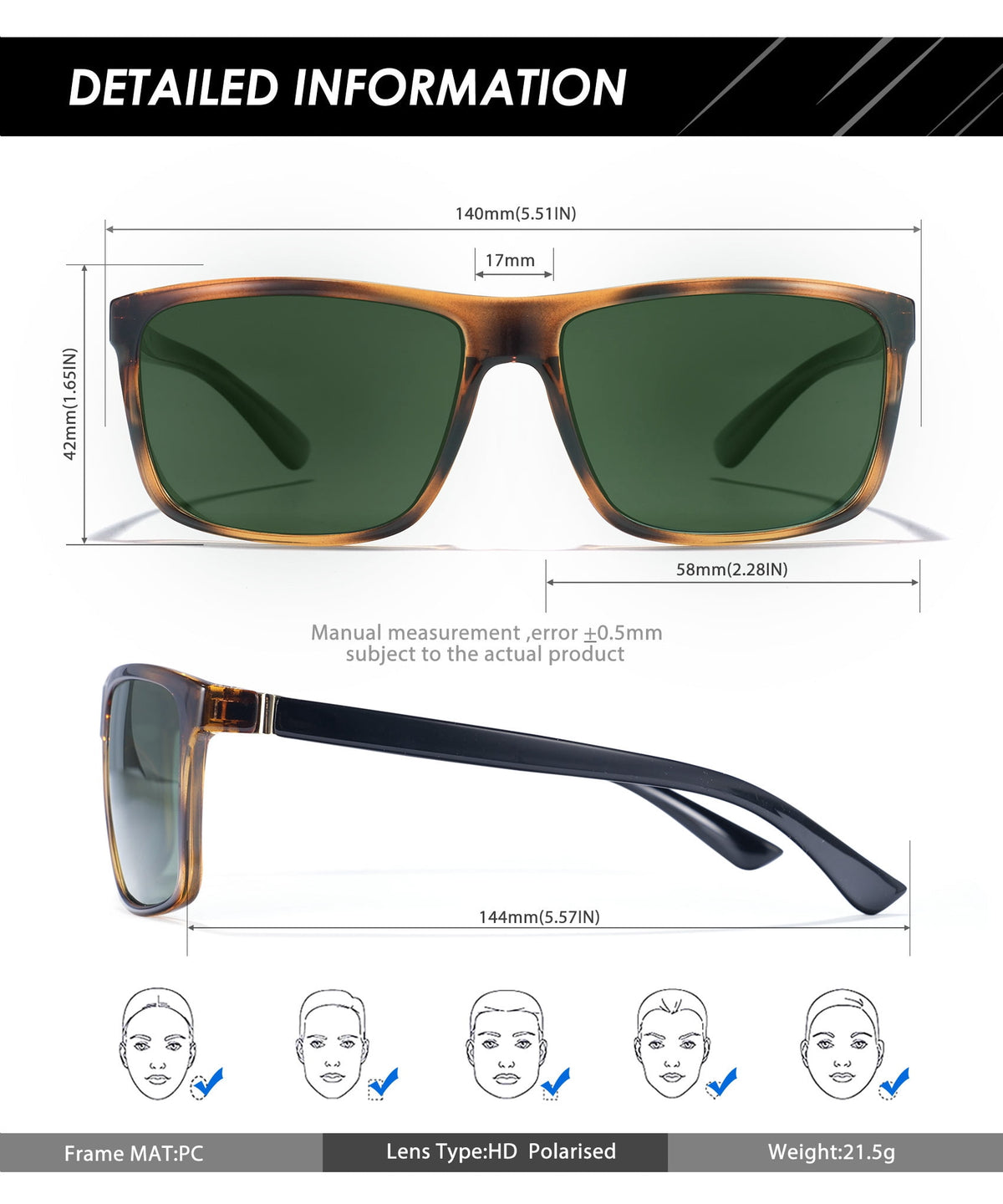 KALIYADI Polarized Sunglasses for Men and Women,Classic Square Sun Glasses with UV Protection for Driving Fishing WMS11-1-6-9