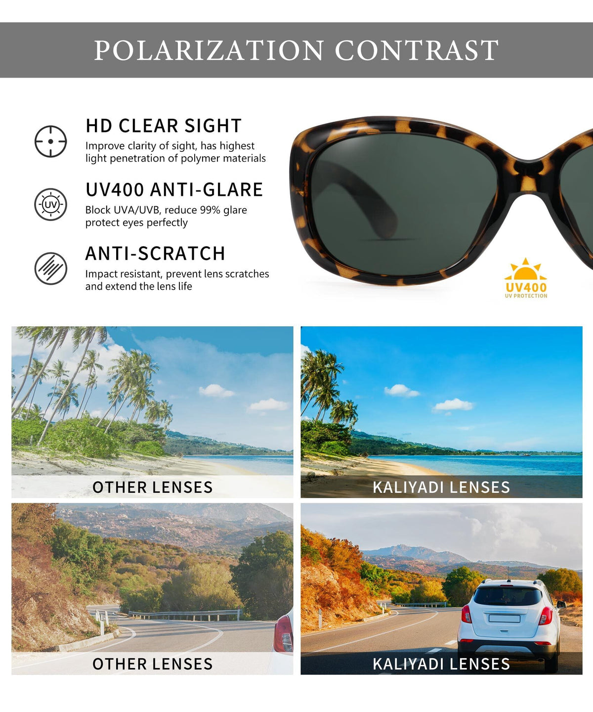 KALIYADI Oversized Polarized Sunglasses for Women Vintage Lady UV Protection Driving Sun Glasses WMKAS20-2